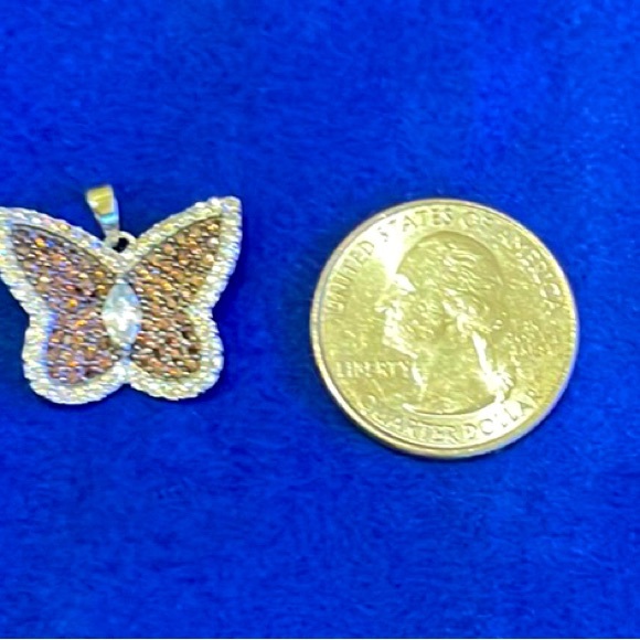 925 Sterling Silver Butterfly pendant, white and brown CZ micro paved accent - Picture 3 of 4